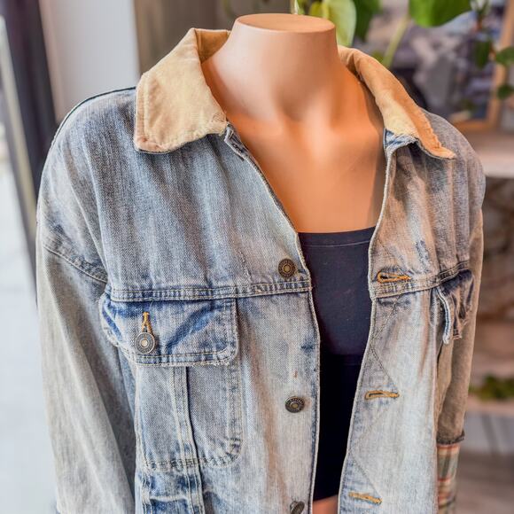 Free People Sirius Cotton Plaid-Contrast Mixed Denim Oversized Jacket, M/L - Picture 5 of 9